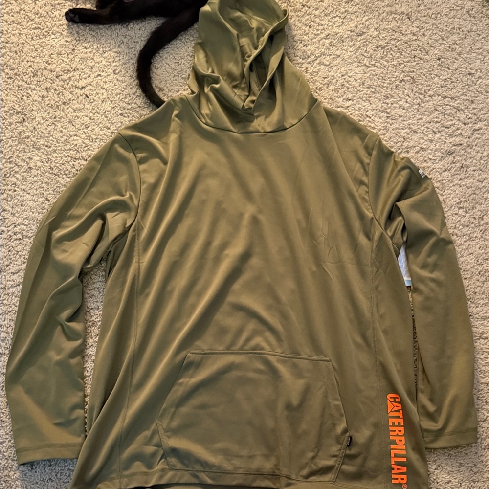 CAT Khaki Hoodie with Vibrant Orange Logo